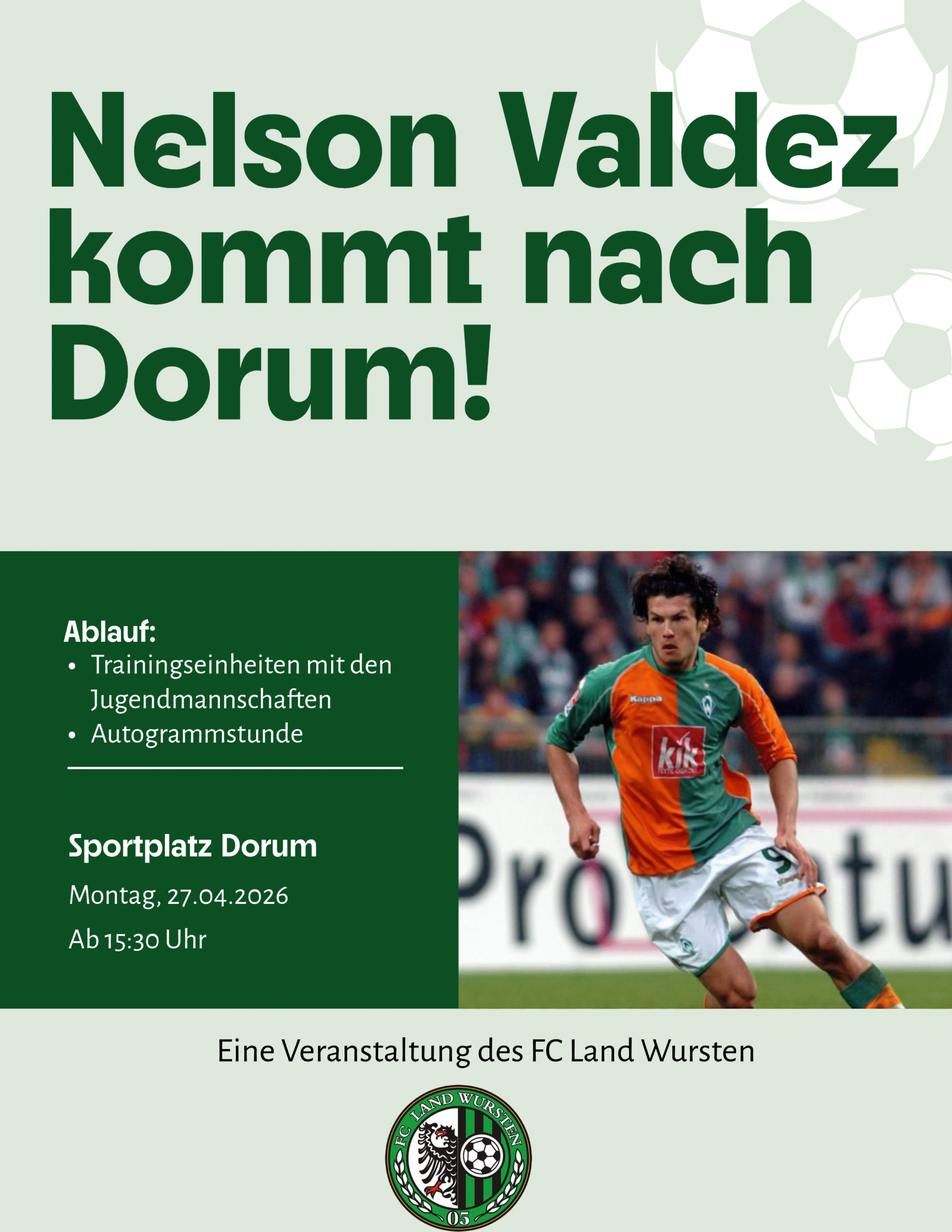 Du betrachtest gerade Neuer Termin: Fußball-Highlight beim FC Land Wursten: Nelson Valdez kommt nach Dorum 